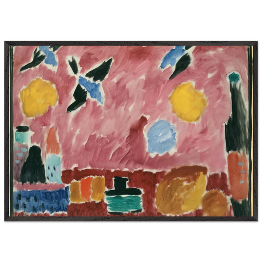 STILL LIFE WITH BOTTLE BREAD AND RED WALLPAPER WITH SWALLOWS 1915 - Alexej von Jawlensky 70x100 cm / 28x40 inches Framed Art Print – Black Wooden Frame