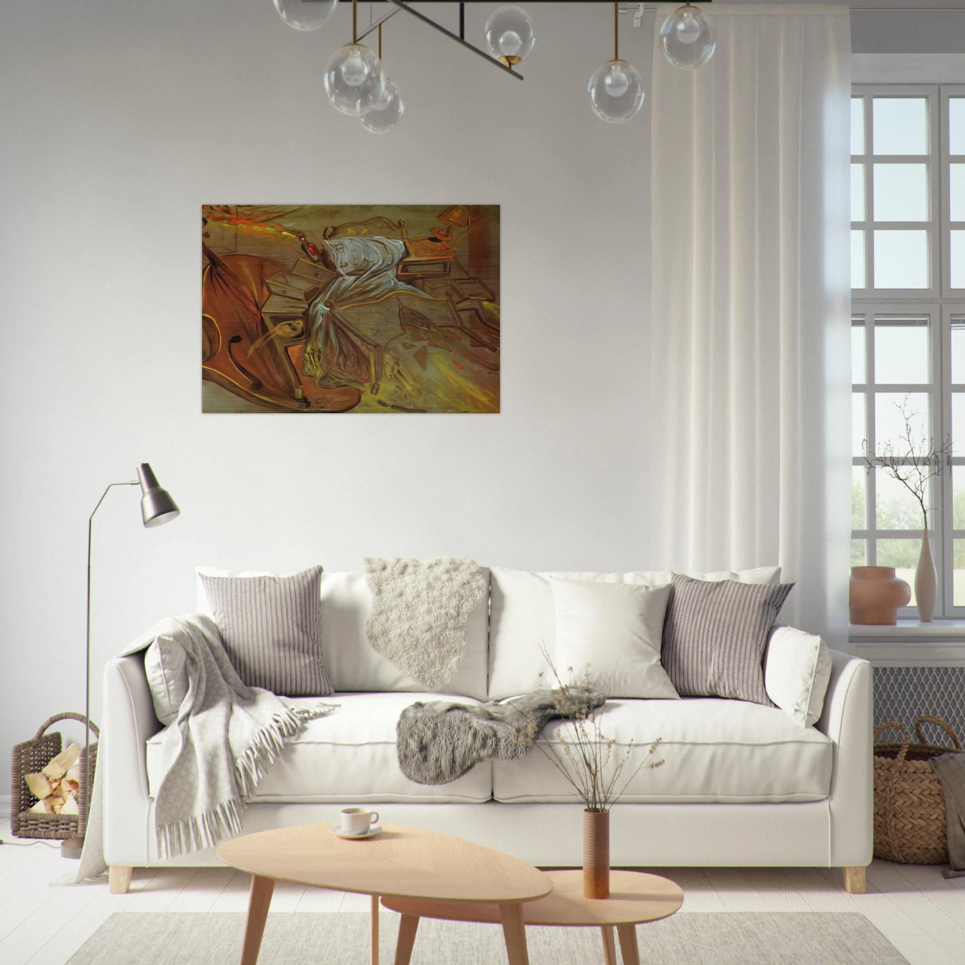 BED AND TWO BEDSIDE TABLES FEROCIOUSLY ATTACKING A CELLO - Salvador Dali Brushed Aluminum Print - 70x100 cm / 28x40 inches | Salvador Dali Aluminum Print | Salvador Dali Prints