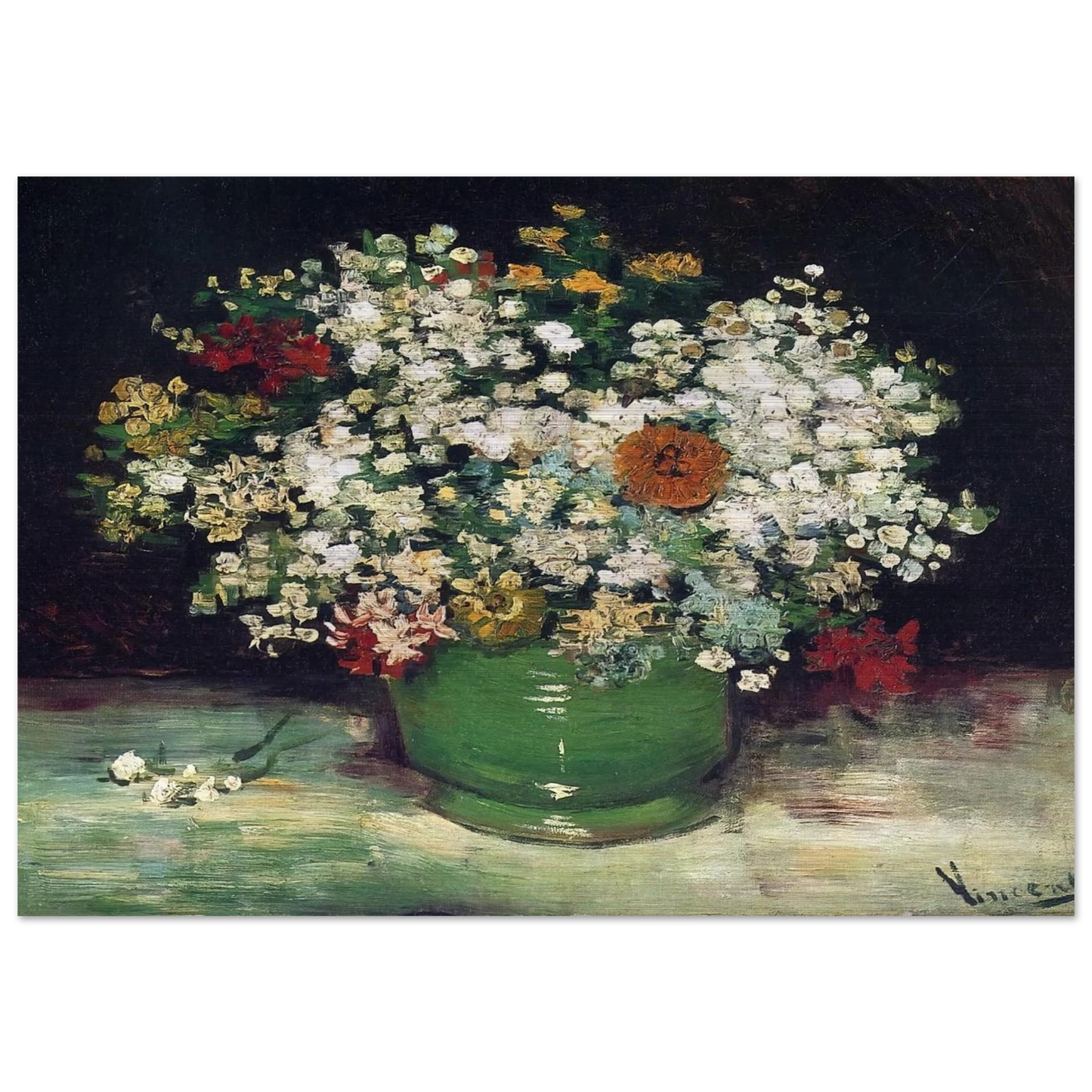 Vase with Zinnias and Other Flowers - Vincent van Gogh Brushed Aluminum Print - 70x100 cm / 28x40 inches | Vincent van Gogh Aluminum Print | Vincent van Gogh Prints