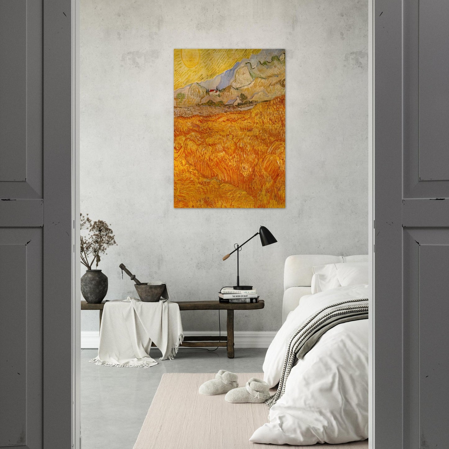 Wheat Field behind Saint Paul Hospital with a Reaper - Vincent van Gogh Brushed Aluminum Print - 70x100 cm / 28x40 inches | Vincent van Gogh Aluminum Print | Vincent van Gogh Prints