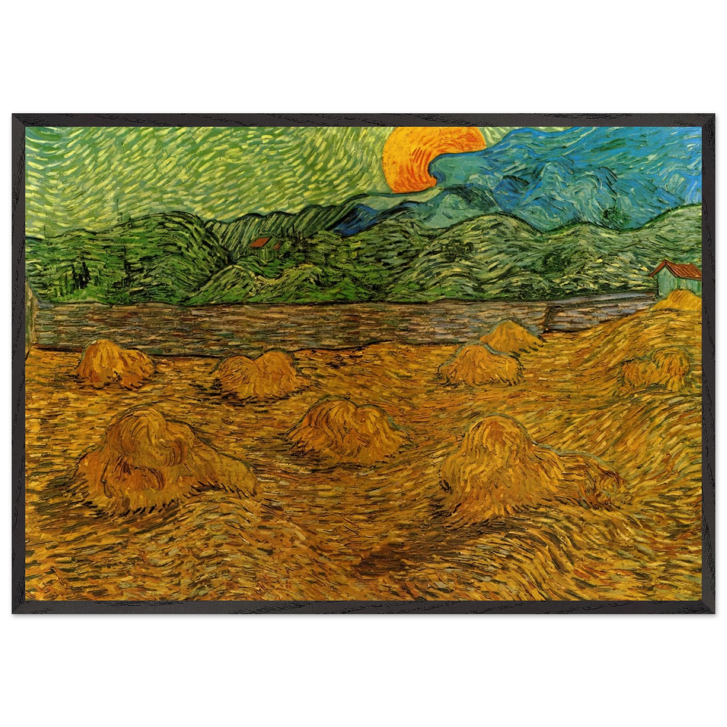 Evening Landscape with Rising Moon - Vincent van Gogh 70x100 cm / 28x40 inches Framed Art Print – Black Wooden Frame