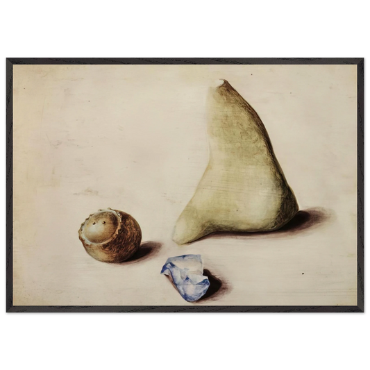Pietra calcarea dalle Alpi Sveve Burgfelden un pezzo di vetro grezzo dallAdriatico Rimini galle da Gubbio Natale 38 - 1938 - Julius Bissier 70x100 cm / 28x40 inches Framed Art Print – Black Wooden Frame