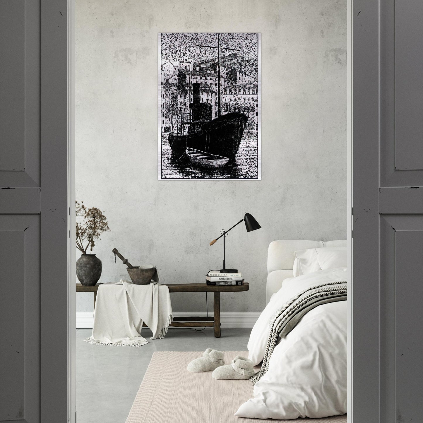 TUGBOAT OLD HARBOR OF BASTIA JANUARY 1934 1934 - MC Escher Brushed Aluminum Print - 70x100 cm / 28x40 inches | MC Escher Aluminum Print | MC Escher Prints