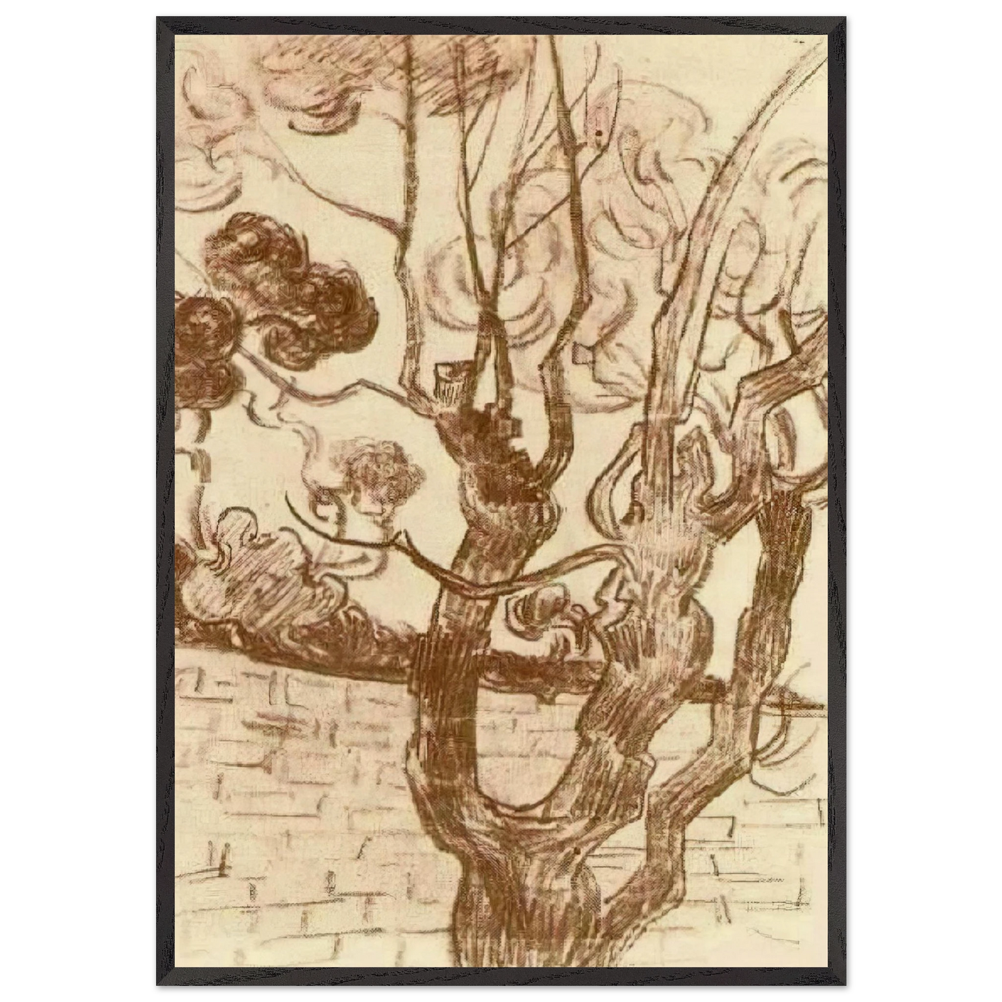 Treetop Seen against the Wall of the Asylum - Vincent van Gogh 70x100 cm / 28x40 inches Framed Art Print – Black Wooden Frame