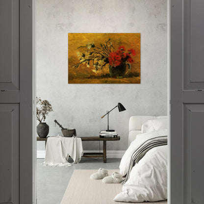 Vase with Red and White Carnations on a Yellow Background - Vincent van Gogh Brushed Aluminum Print - 70x100 cm / 28x40 inches | Vincent van Gogh Aluminum Print | Vincent van Gogh Prints