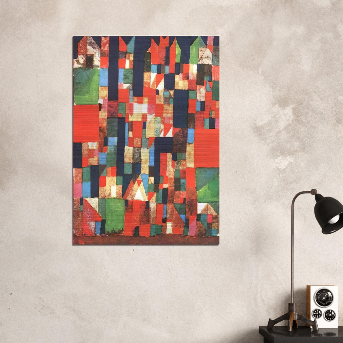 CITY PICTURE WITH RED AND GREEN ACCENTS 1921 - Paul Klee Brushed Aluminum Print - 70x100 cm / 28x40 inches | Paul Klee Aluminum Print | Paul Klee Prints