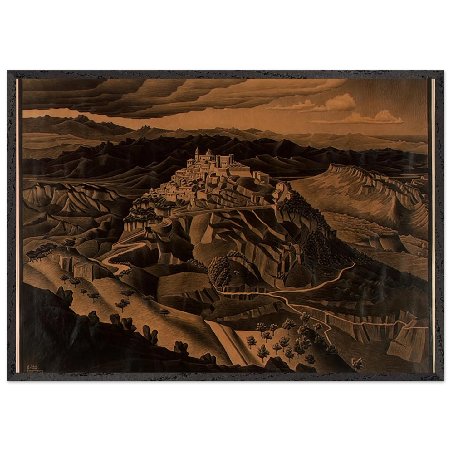ITALIAN TOWN - MC Escher 70x100 cm / 28x40 inches Framed Art Print – Black Wooden Frame | Maurits Cornelis Escher Prints