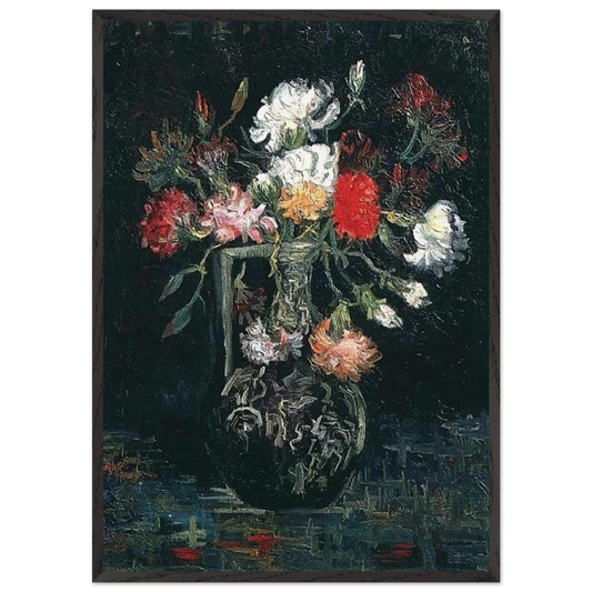 Vase with White and Red Carnations - Vincent van Gogh 70x100 cm / 28x40 inches Framed Art Print – Black Wooden Frame