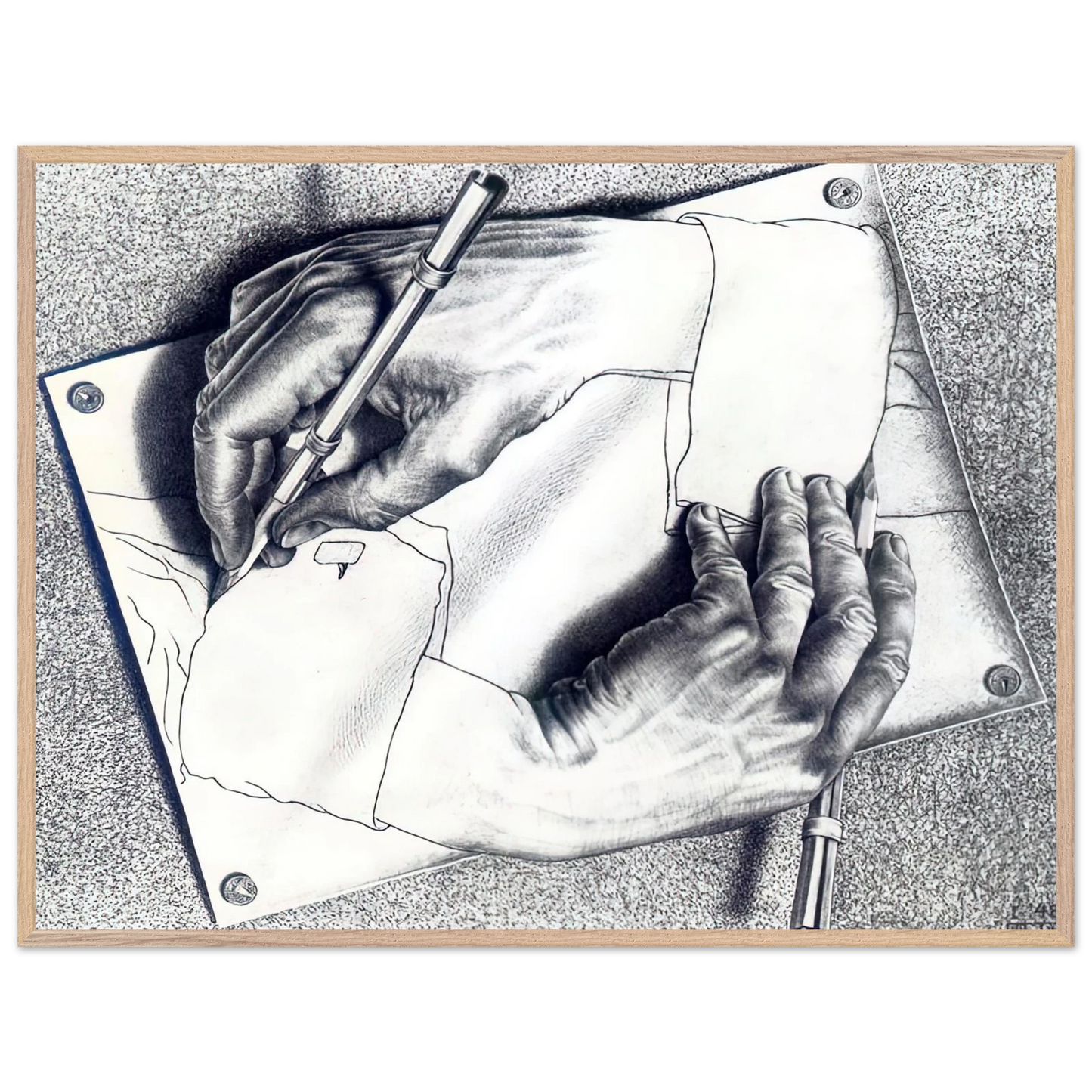 MC Escher - DRAWING HANDS Wall Art - 30x40 cm / 12x16 inches - Premium Wooden Framed Poster With Fine Art Paper-canvas - Wood frame