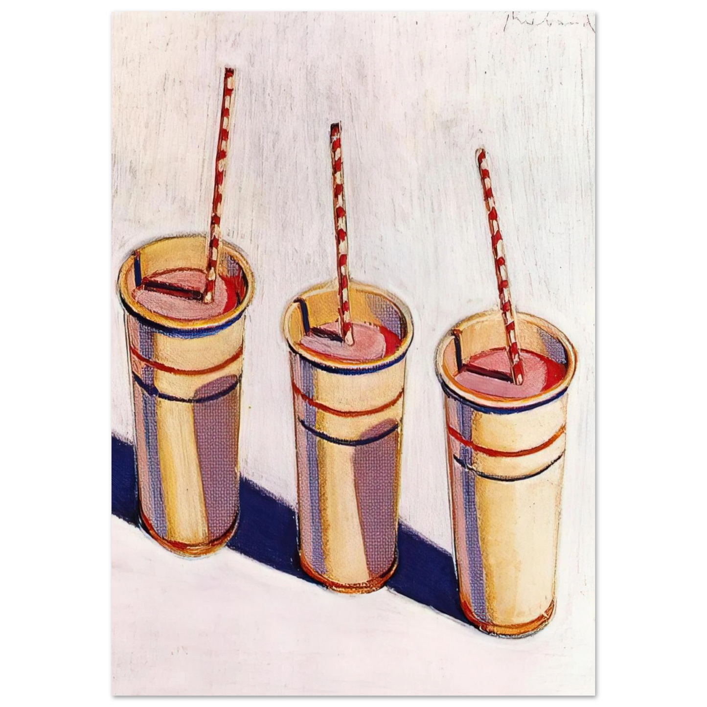 Wayne Thiebaud - Three Strawberry Shakes - 1964 Wall Art - 30x40 cm / 12x16 inches - Premium Wooden Framed Poster With Fine Art Paper - White frame