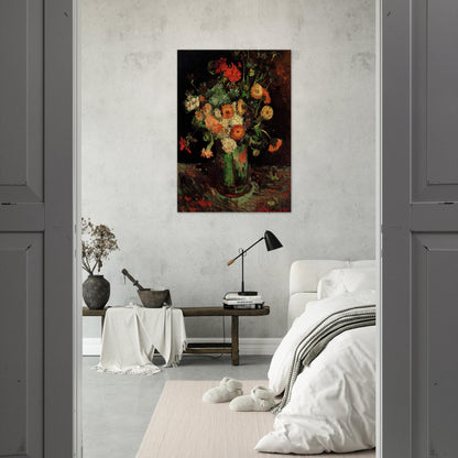 Vase with Zinnias and Geraniums - Vincent van Gogh Brushed Aluminum Print - 70x100 cm / 28x40 inches | Vincent van Gogh Aluminum Print | Vincent van Gogh Prints