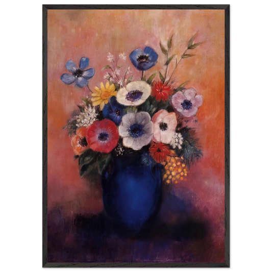 BOUQUET OF FLOWERS IN A BLUE VASE 1 - Odilon Redon 70x100 cm / 28x40 inches Framed Art Print – Black Wooden Frame