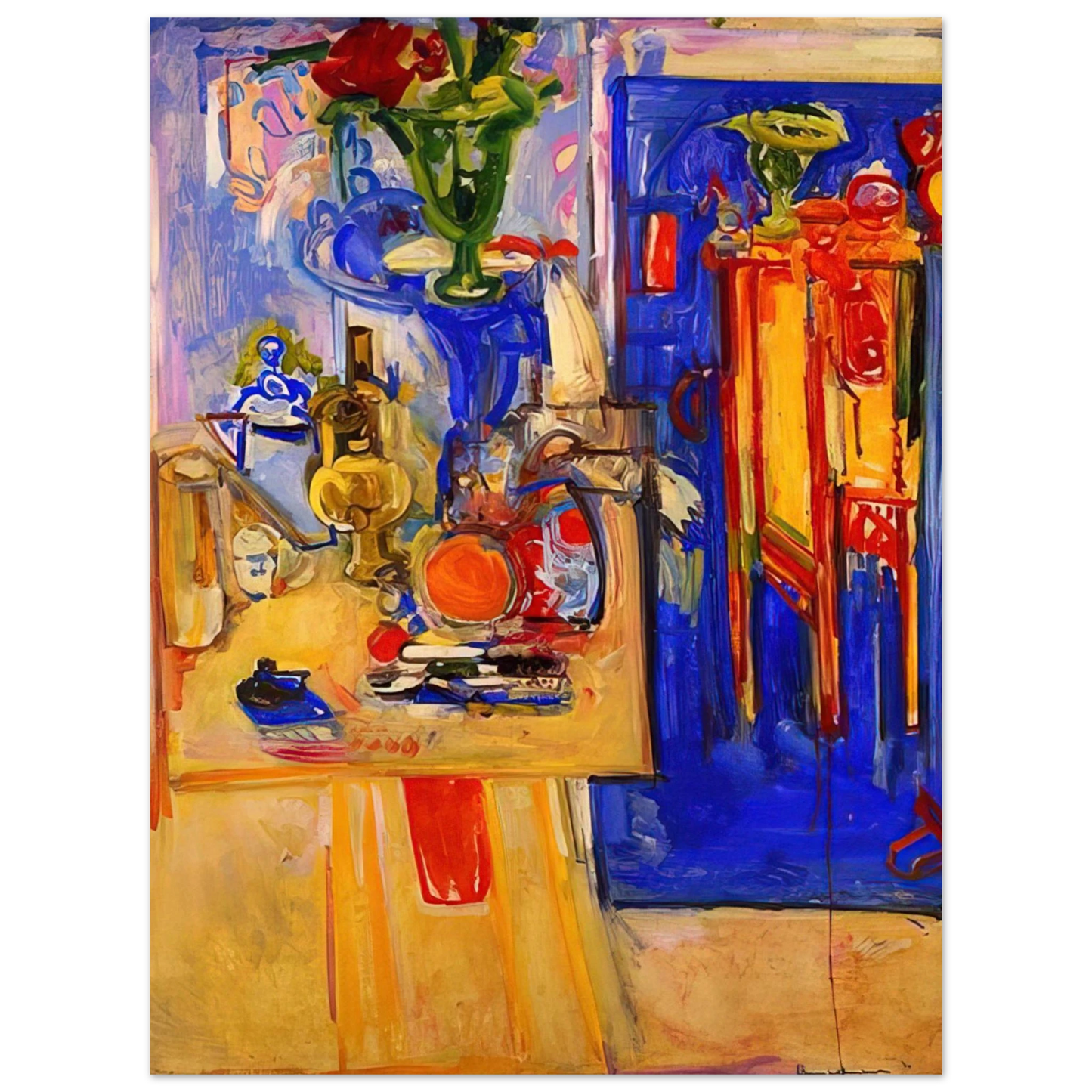 Hans Hofmann - Table with Teakettle, Green Vase and Red Flowers  75x100 cm / 30x40inches Fine Art Poster