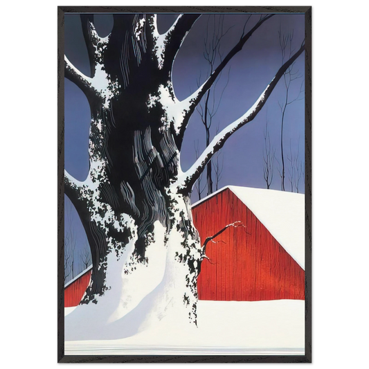 Red Barn and Tree Snow - Eyvind Earle 70x100 cm / 28x40 inches Framed Art Print – Black Wooden Frame