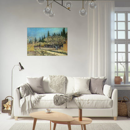 Orchard in Blossom, Bordered by Cypresses - Vincent van Gogh Brushed Aluminum Print - 70x100 cm / 28x40 inches | Vincent van Gogh Aluminum Print | Vincent van Gogh Prints