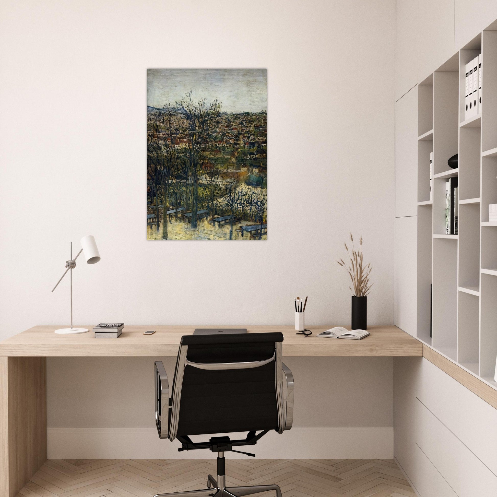 BENCHES AT MONTMAGNY VAL D OISE - Maurice Utrillo Brushed Aluminum Print - 70x100 cm / 28x40 inches | Maurice Utrillo Aluminum Print | Maurice Utrillo Prints