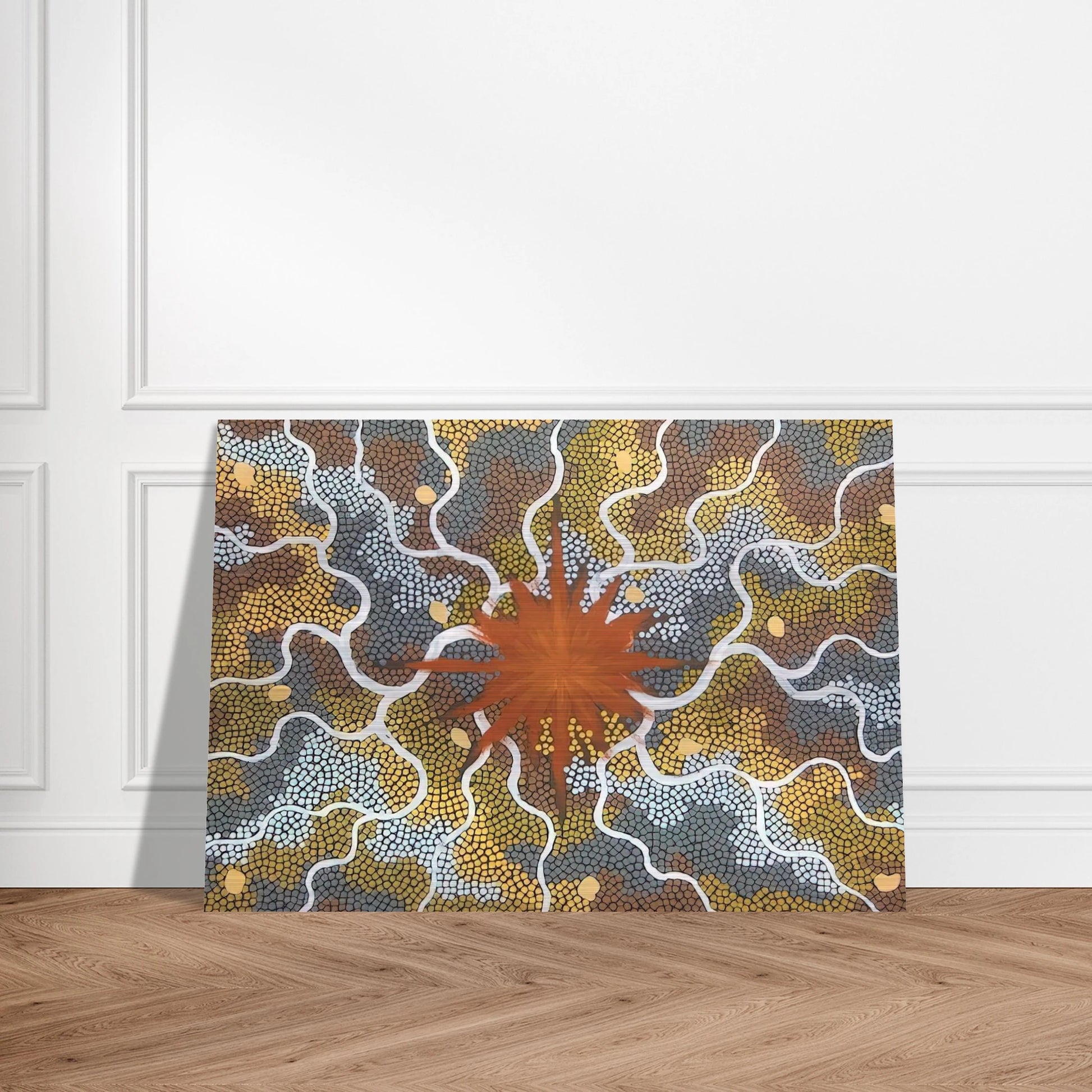 Creation, Lightning Dreaming - 1993 - Clifford Possum Tjapaltjarri Brushed Aluminum Print - 70x100 cm / 28x40 inches | Clifford Possum Tjapaltjarri Aluminum Print | Clifford Possum Tjapaltjarri Prints