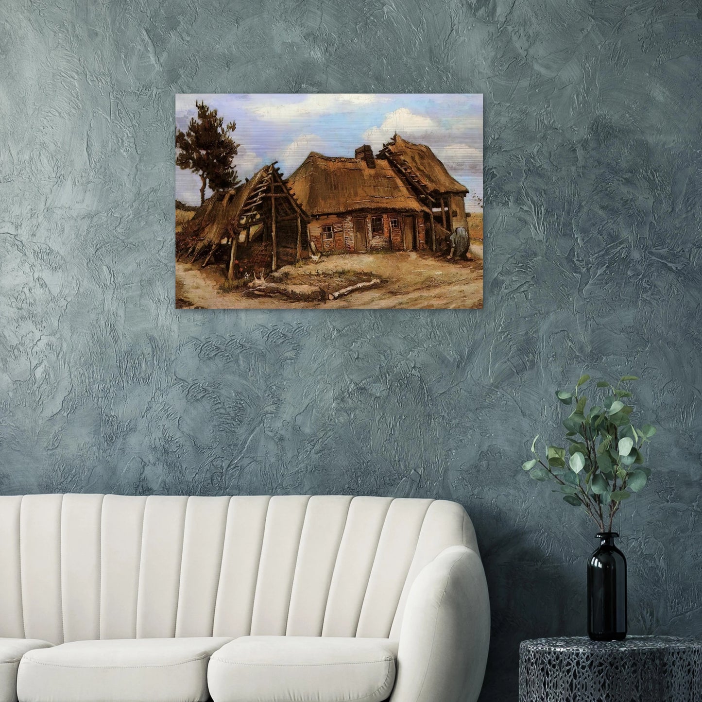 Cottage with Decrepit Barn and Stooping Woman - Vincent van Gogh Brushed Aluminum Print - 70x100 cm / 28x40 inches | Vincent van Gogh Aluminum Print | Vincent van Gogh Prints