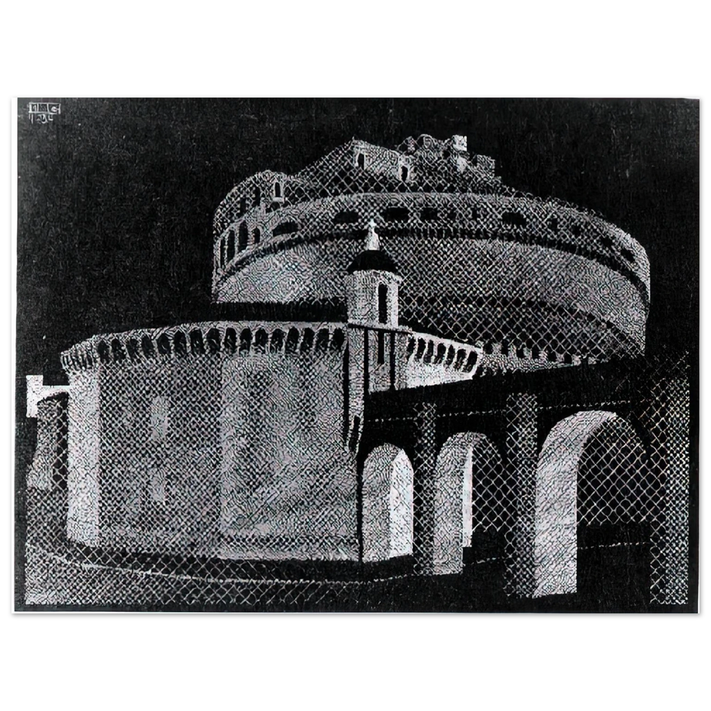 MC Escher - NOCTURNAL ROME CASTEL SANT ANGELO Wall Art - 30x40 cm / 12x16 inches - Premium Wooden Framed Poster With Fine Art Paper - White frame