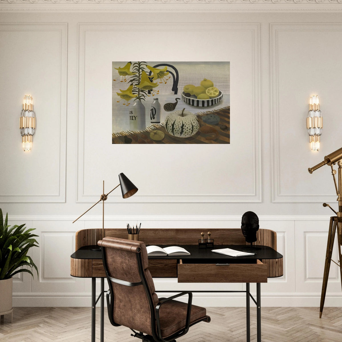 Lilies and Lemons - 2007 - Mary Fedden Brushed Aluminum Print - 70x100 cm / 28x40 inches | Mary Fedden Aluminum Print | Mary Fedden Prints