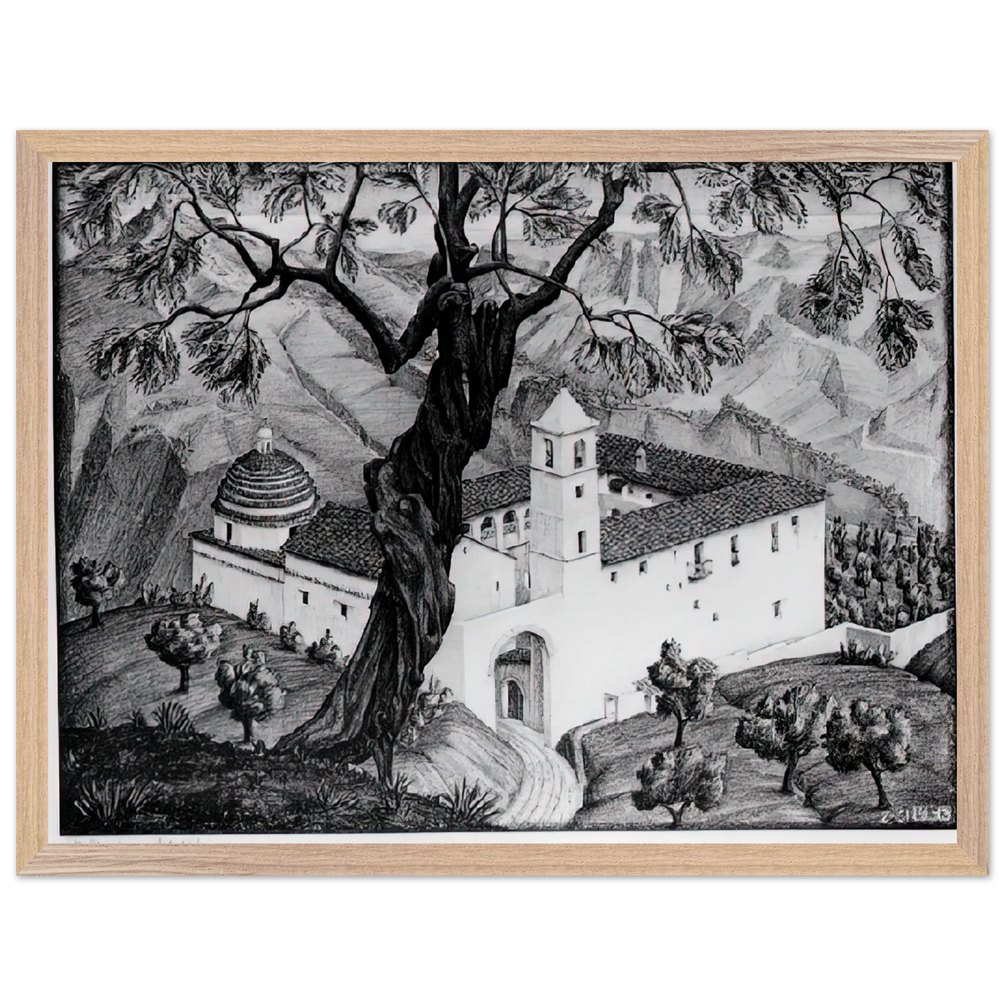 MC Escher - CLOISTER NEAR ROCCA IMPERIALE CALABRIA Wall Art - 60x80 cm / 24x32 inches - Premium Wooden Framed Poster With Fine Art Paper-canvas - White frame
