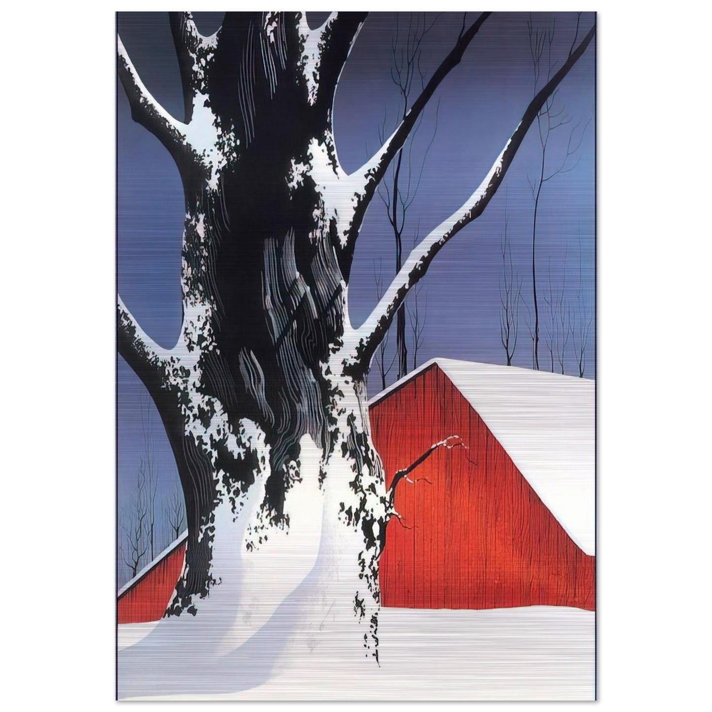 Red Barn and Tree Snow - Eyvind Earle Brushed Aluminum Print - 70x100 cm / 28x40 inches | Eyvind Earle Aluminum Print | Eyvind Earle Prints