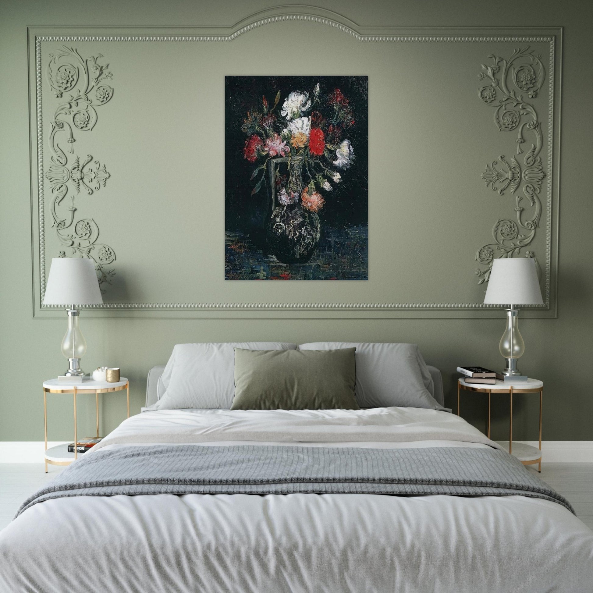 Vase with White and Red Carnations - Vincent van Gogh Brushed Aluminum Print - 70x100 cm / 28x40 inches | Vincent van Gogh Aluminum Print | Vincent van Gogh Prints