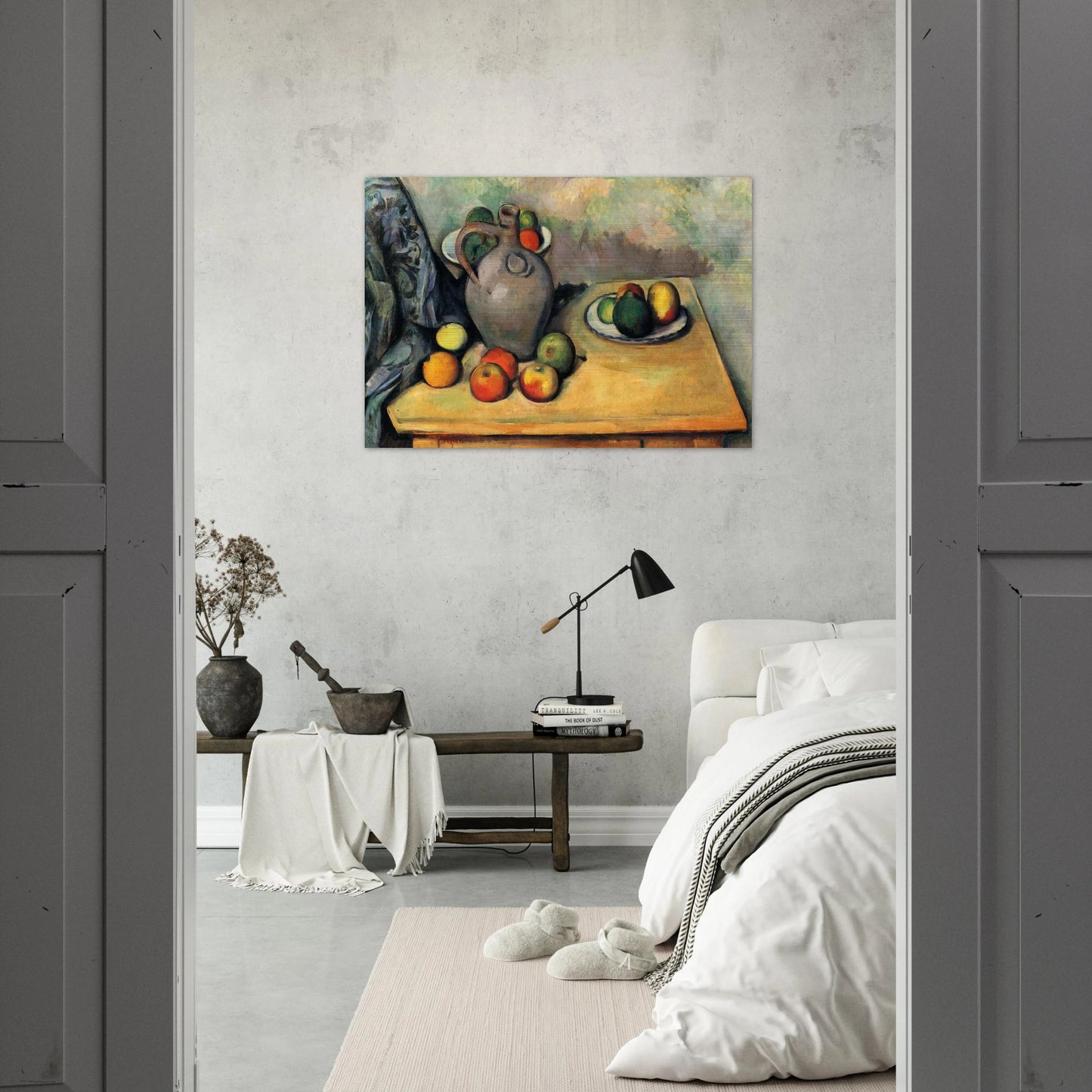 Still life, jug and fruit on a table - Paul Cézanne Brushed Aluminum Print - 70x100 cm / 28x40 inches | Paul Cézanne Aluminum Print | Paul Cézanne Prints
