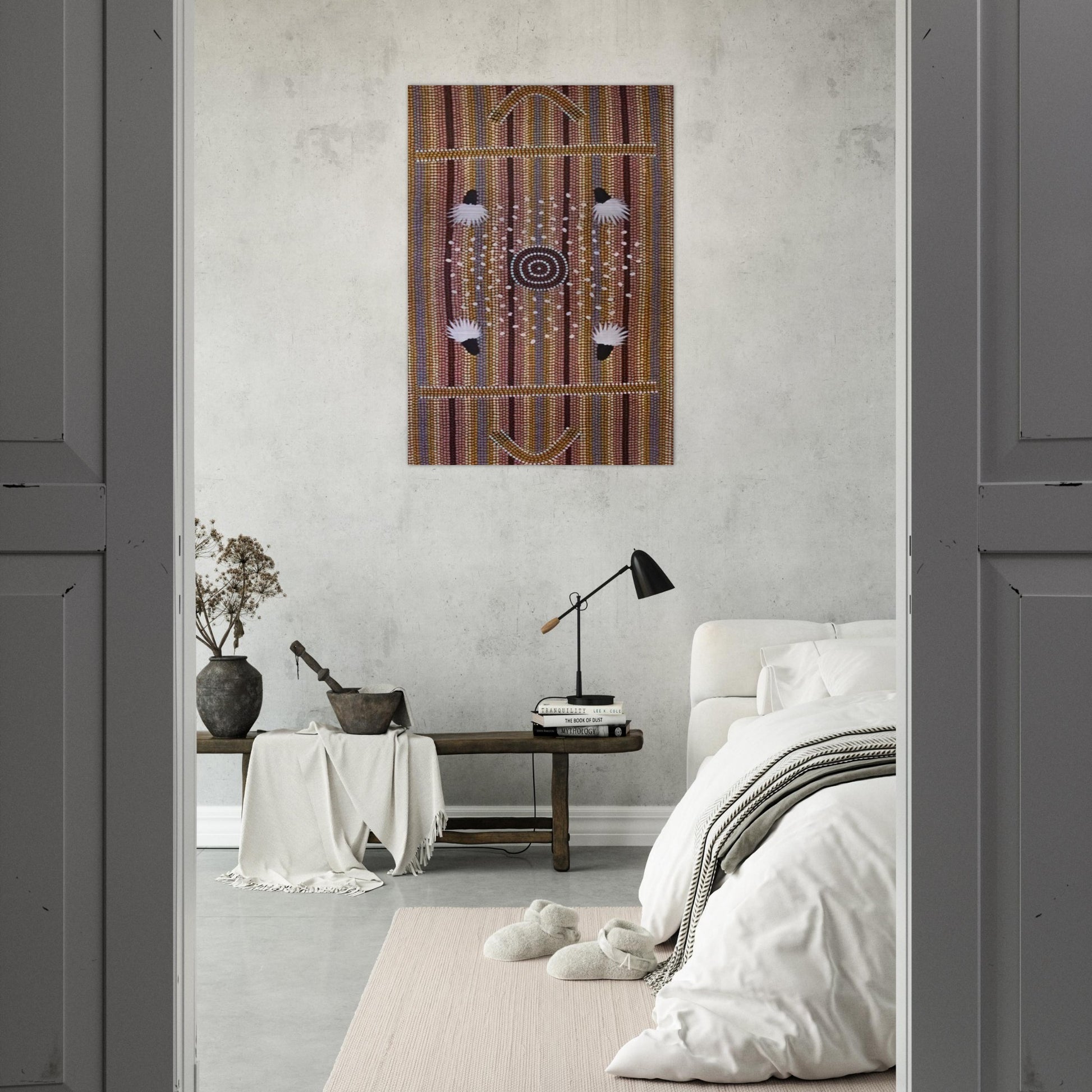 Bush Plum Dreaming - Native Art - Clifford Possum Tjapaltjarri Brushed Aluminum Print - 70x100 cm / 28x40 inches | Clifford Possum Tjapaltjarri Aluminum Print | Clifford Possum Tjapaltjarri Prints