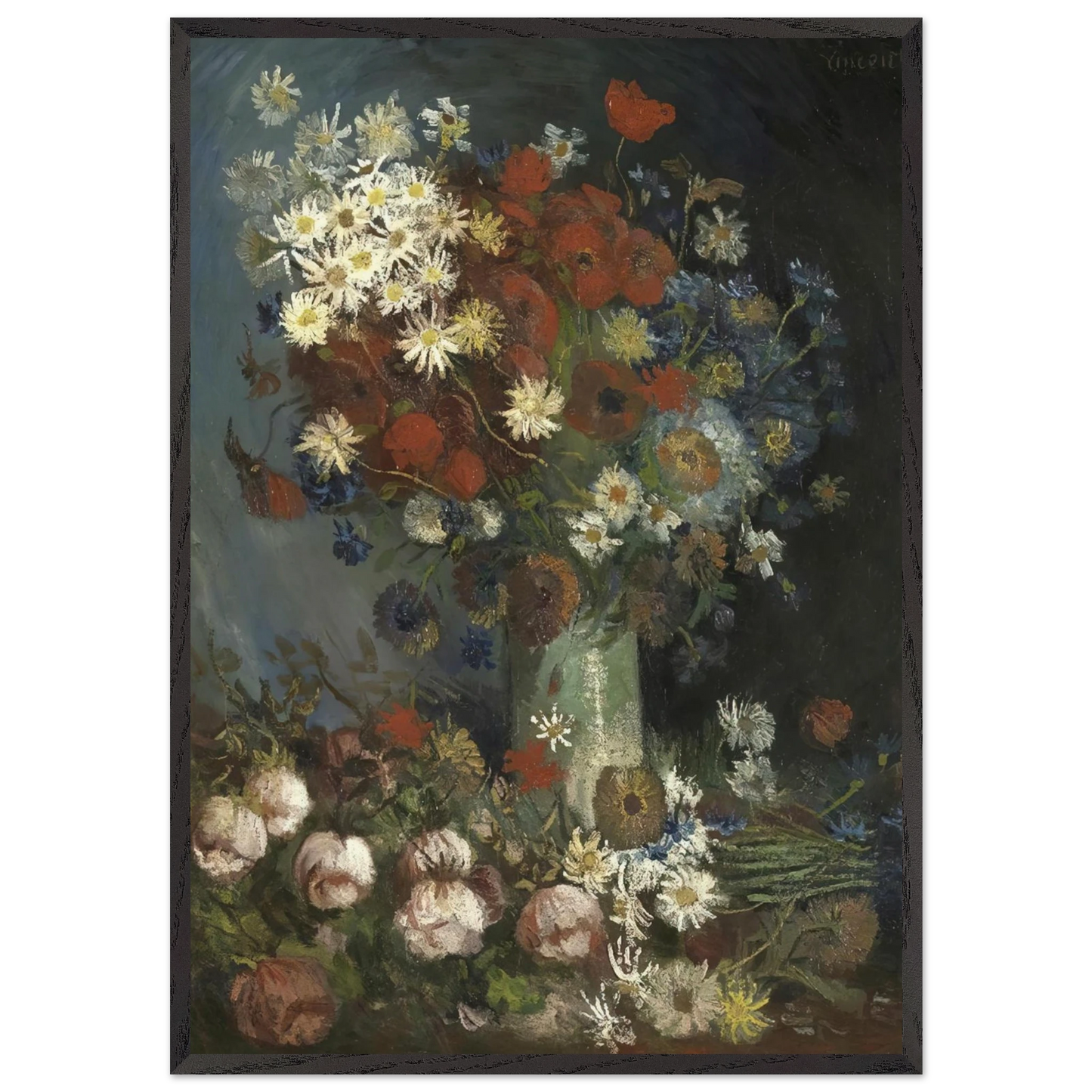 Still life with meadow flowers and roses - Vincent van Gogh 70x100 cm / 28x40 inches Framed Art Print – Black Wooden Frame