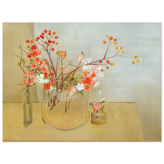Morris Graves - Winter Bouquet flowering quince, rosehaws, narcissus, winter rose and camellia - 1977  75x100 cm / 30x40inches Fine Art Poster