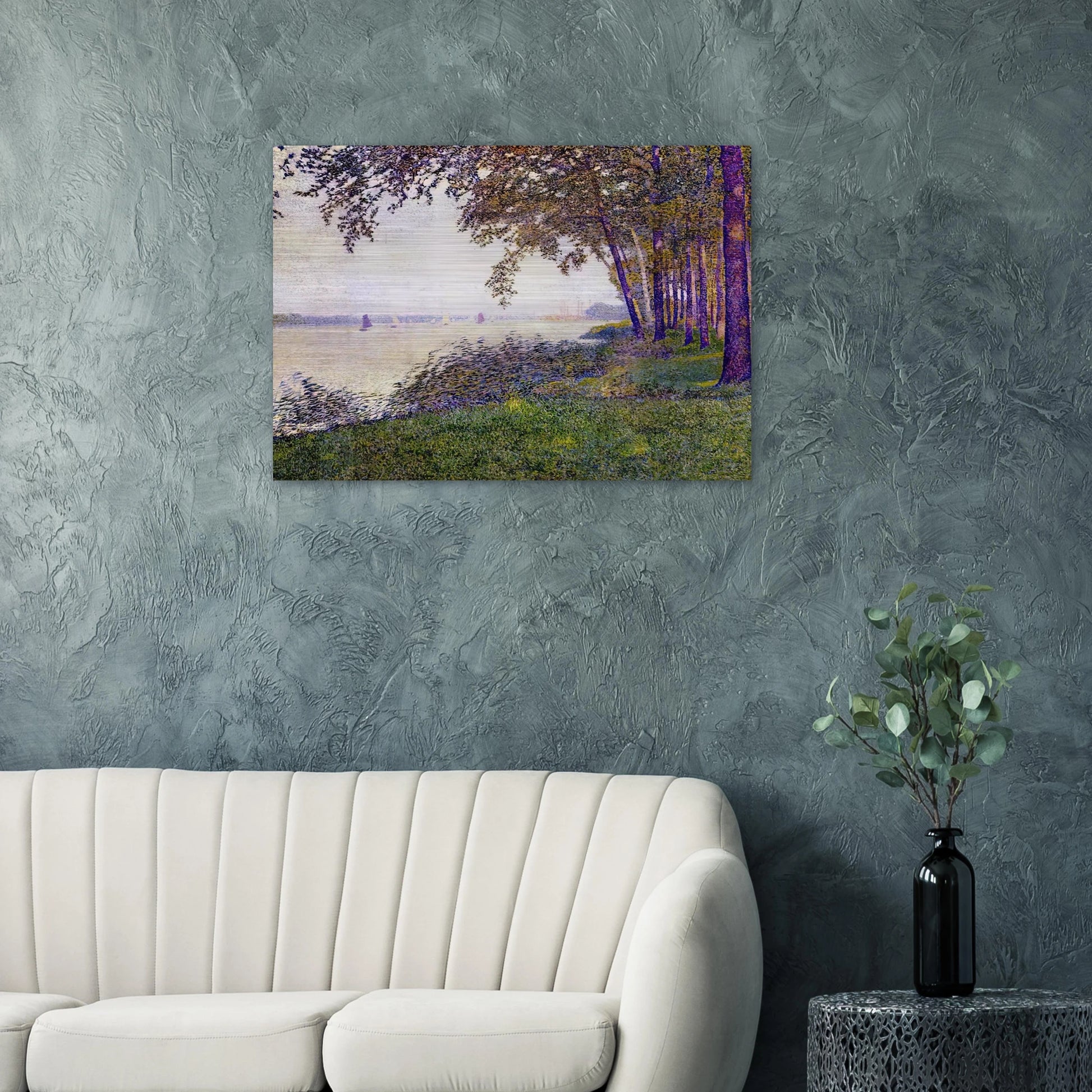 THE SCHELDE UPSTREAM FROM ANTWERP AFTER FOG 1892 - Theo van Rysselberghe Brushed Aluminum Print - 70x100 cm / 28x40 inches | Theo van Rysselberghe Aluminum Print | Theo van Rysselberghe Prints