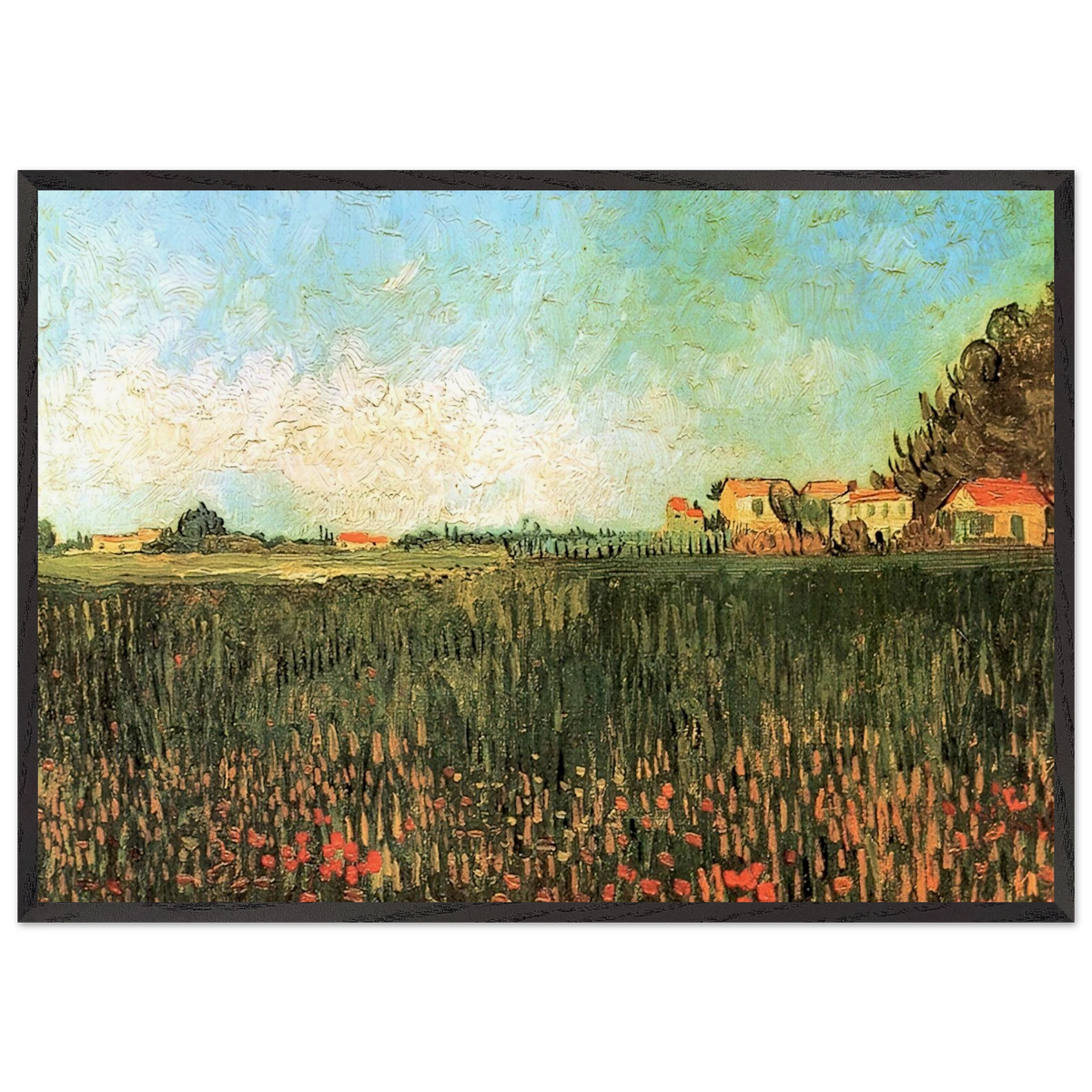 Farmhouses in a Wheat Field Near Arles - Vincent van Gogh 70x100 cm / 28x40 inches Framed Art Print – Black Wooden Frame