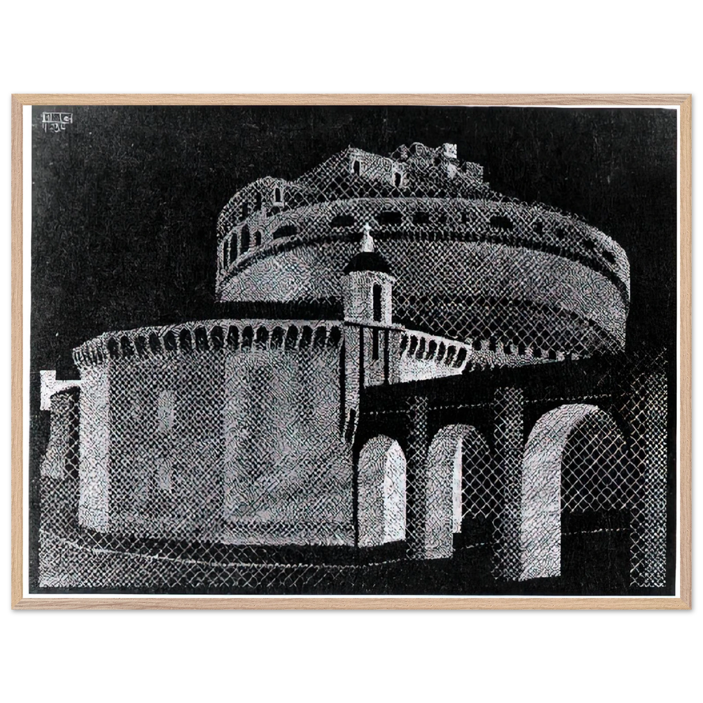 MC Escher - NOCTURNAL ROME CASTEL SANT ANGELO Wall Art - 21x29.7 cm / 8x12" - Premium Wooden Framed Poster With Fine Art Paper - Black frame