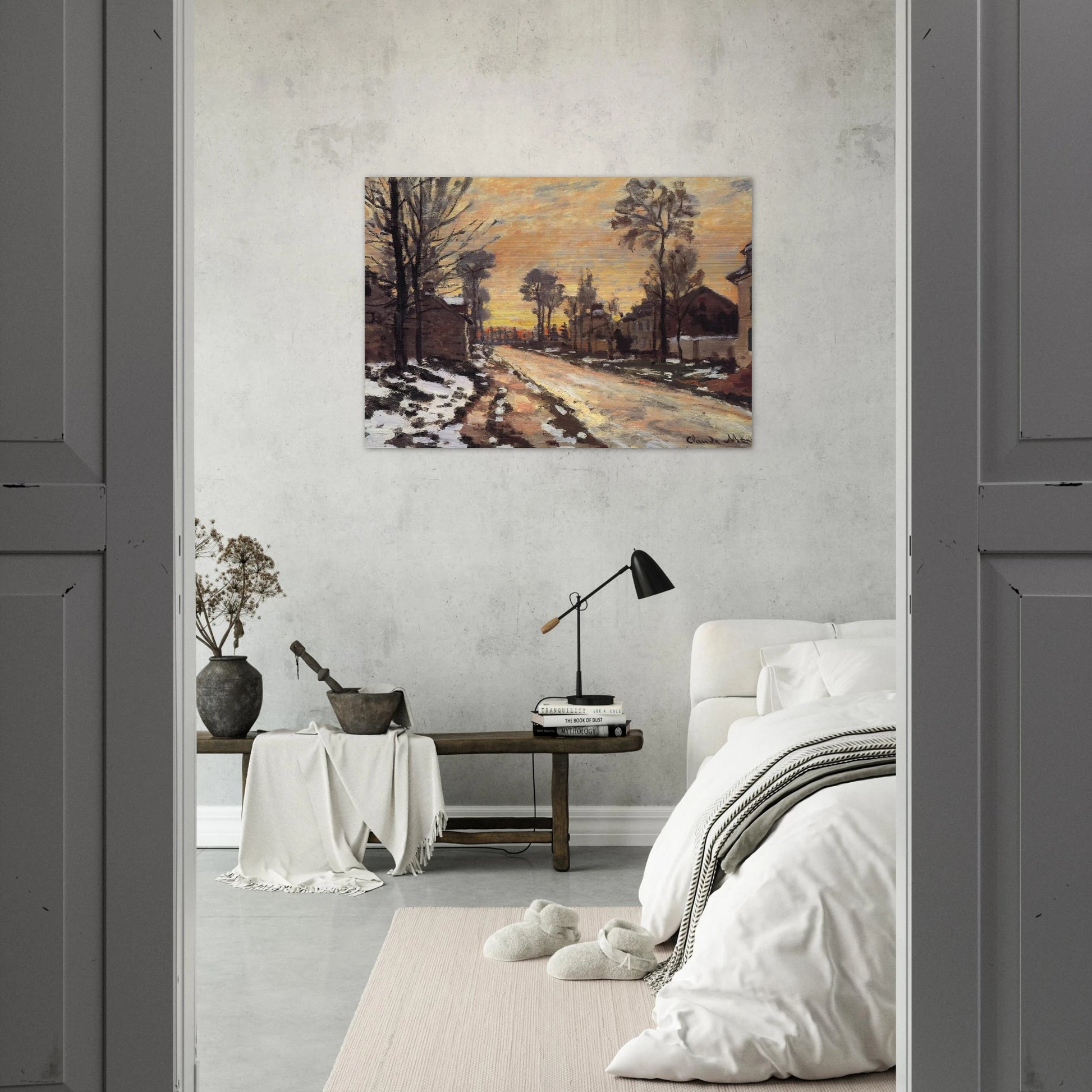 Road at Louveciennes, Melting Snow, Sunset - claude monet Brushed Aluminum Print - 70x100 cm / 28x40 inches | claude monet Aluminum Print | claude monet Prints