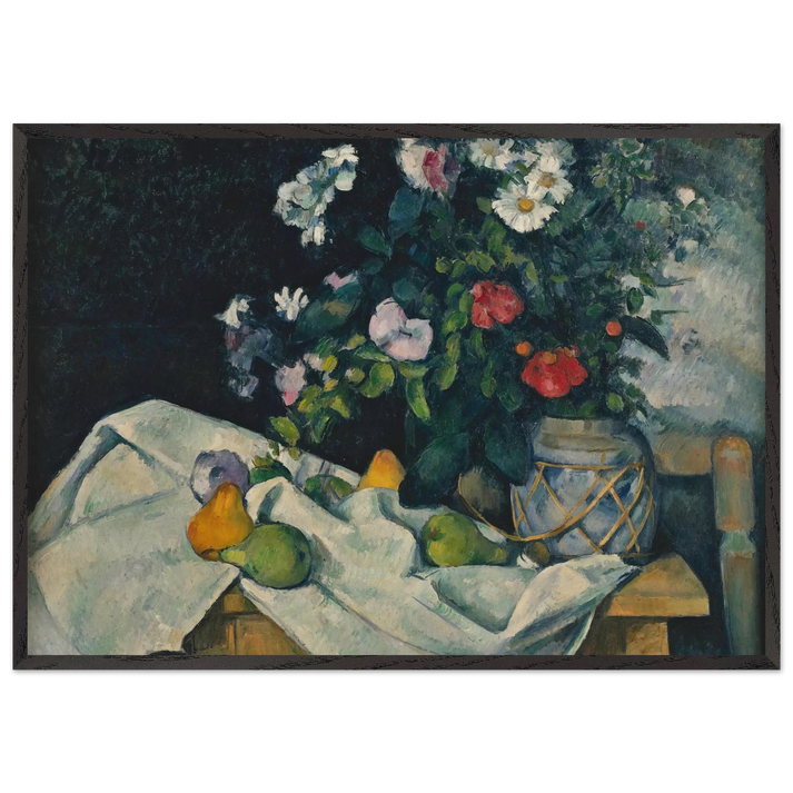 Still Life with Flowers and Fruit - Paul Cezanne 70x100 cm / 28x40 inches Framed Art Print – Black Wooden Frame