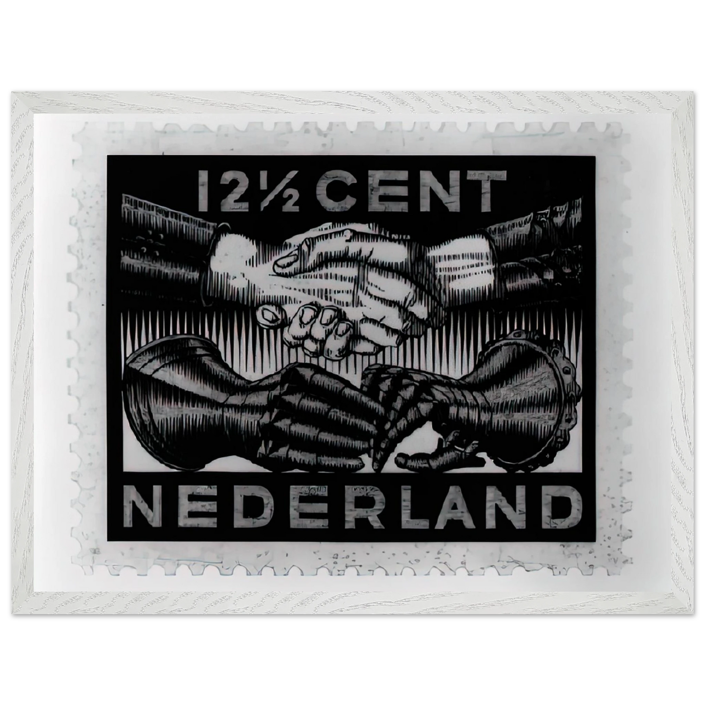 MC Escher - DESIGN FOR DUTCH PEASE POSTAGE STAMP MARCH 1932 1932 Wall Art - 60x80 cm / 24x32 inches - Premium Wooden Framed Poster With Fine Art Paper - White frame