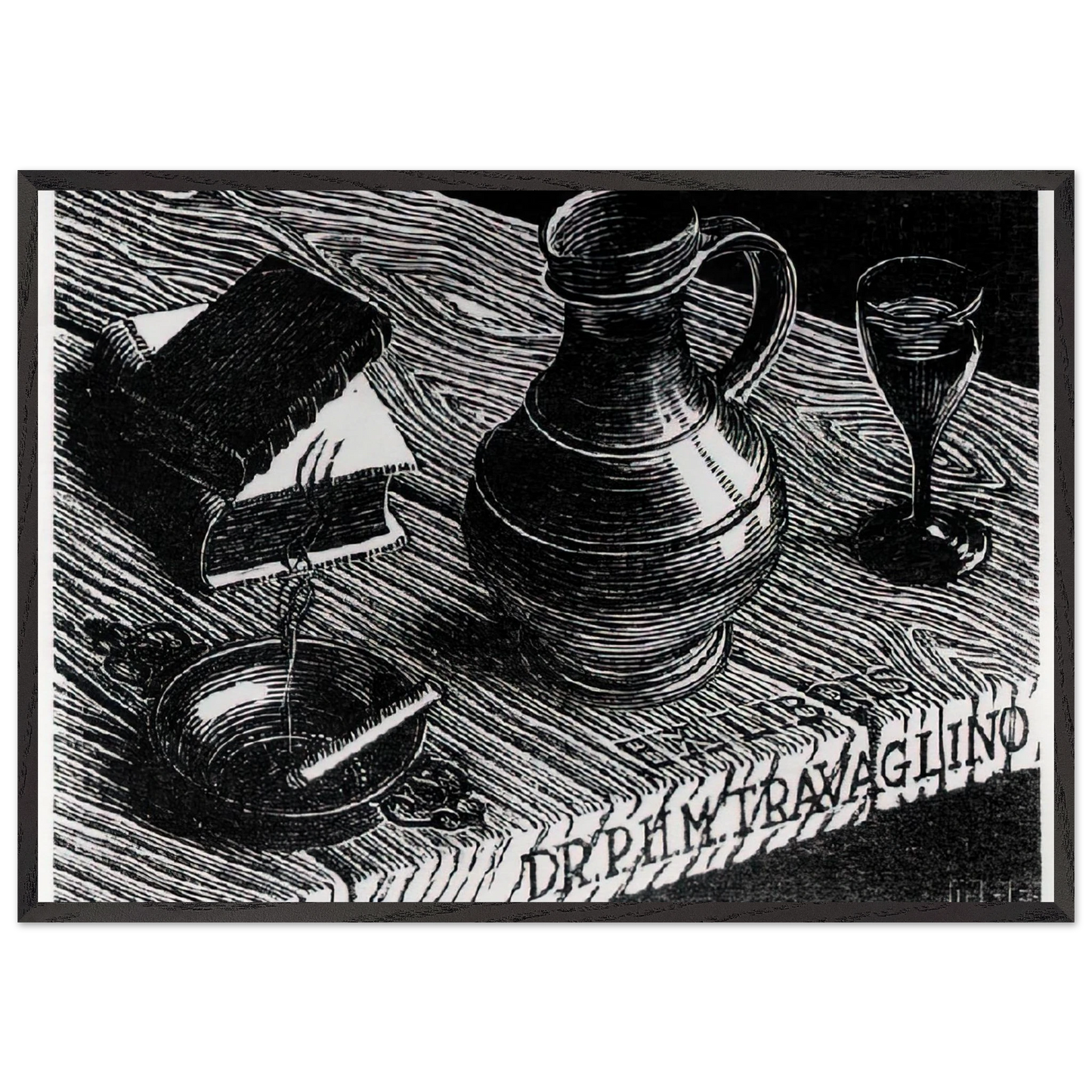 BOOKPLATE DR P H M TRAVAGLINO - MC Escher 70x100 cm / 28x40 inches Framed Art Print – Black Wooden Frame | Maurits Cornelis Escher Prints