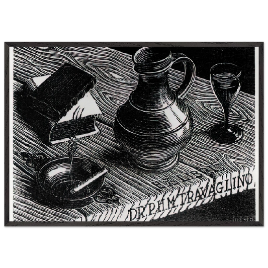 BOOKPLATE DR P H M TRAVAGLINO - MC Escher 70x100 cm / 28x40 inches Framed Art Print – Black Wooden Frame | Maurits Cornelis Escher Prints