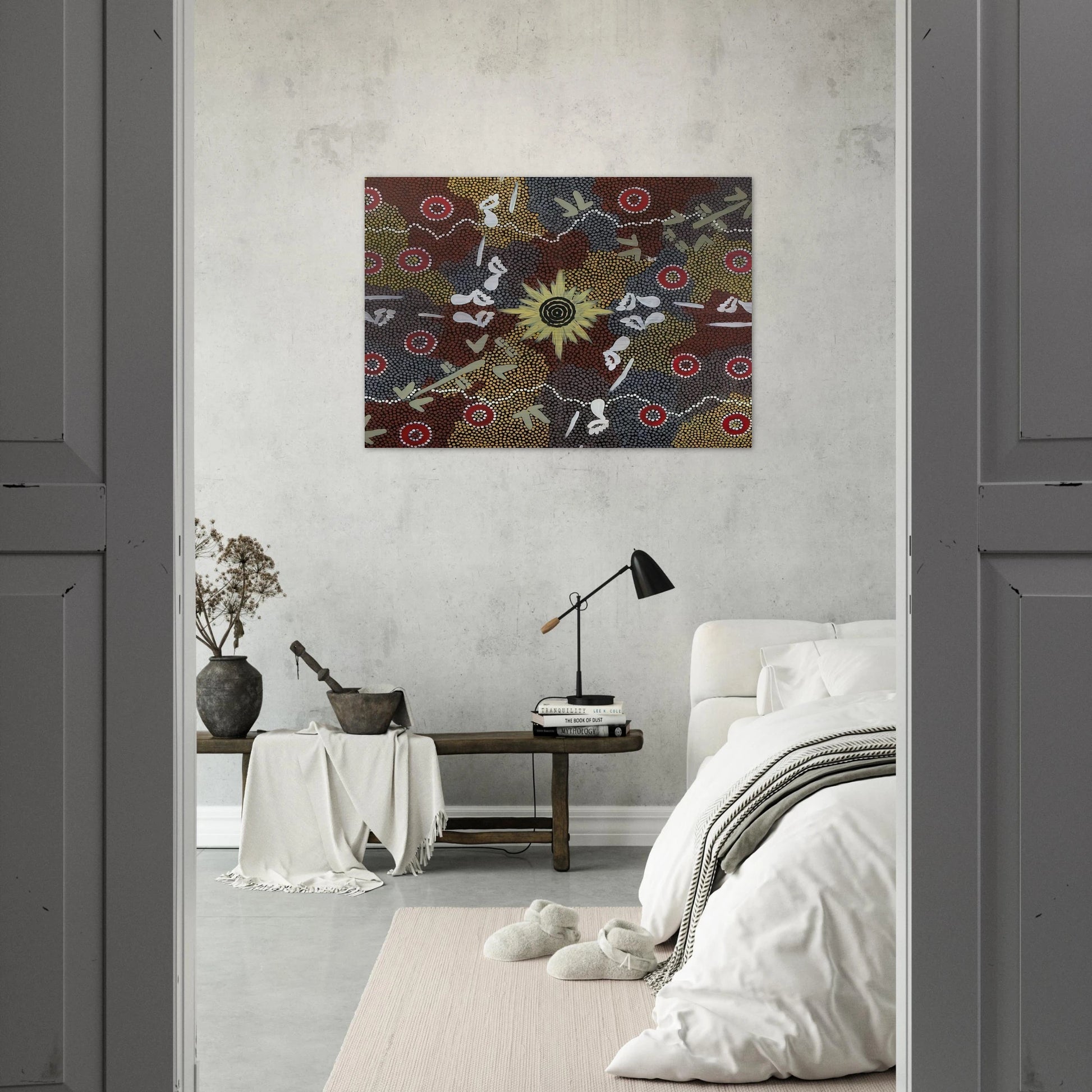 Frog and Kangaroo Dreaming - Native Art - Clifford Possum Tjapaltjarri Brushed Aluminum Print - 70x100 cm / 28x40 inches | Clifford Possum Tjapaltjarri Aluminum Print | Clifford Possum Tjapaltjarri Prints