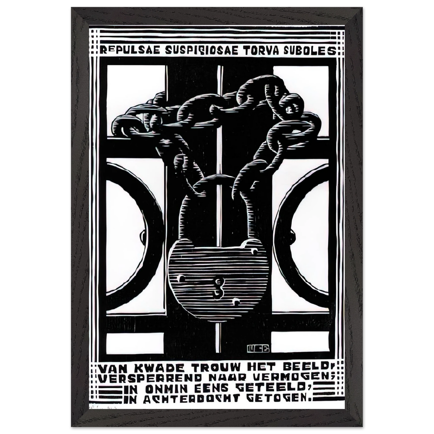 MC Escher - PADLOCK Wall Art - 21x29.7 cm / 8x12" - Premium Wooden Framed Poster With Fine Art Paper-canvas - Black frame