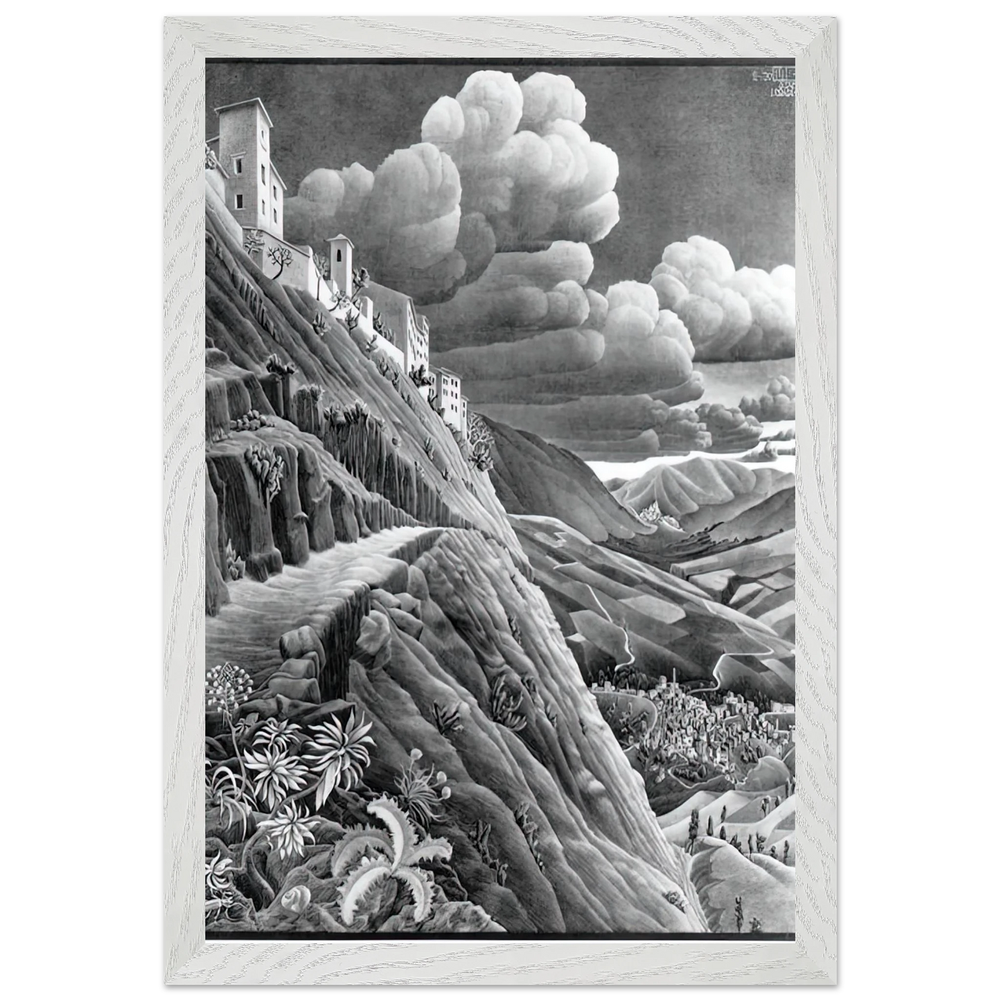 MC Escher - CASTROVALVA Wall Art - 21x29.7 cm / 8x12" - Premium Wooden Framed Poster With Fine Art Paper - White frame