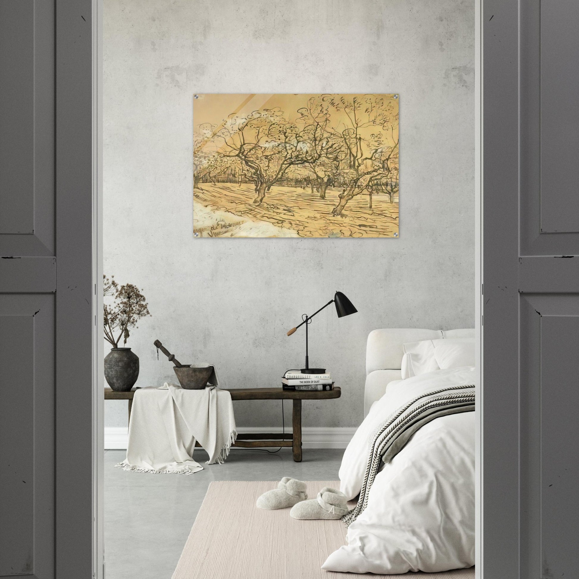 Orchard with Blossoming Plum Trees The White Orchard - Vincent van Gogh Acrylic Print - 70x100 cm / 28x40″ inches | Vincent van Gogh Wall Art | Vincent van Gogh Prints