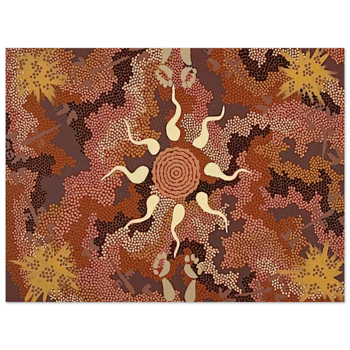Clifford Possum Tjapaltjarri - Bush Tucker and Kangaroo Dreaming at Mount Denison - 1993  75x100 cm / 30x40inches Fine Art Poster