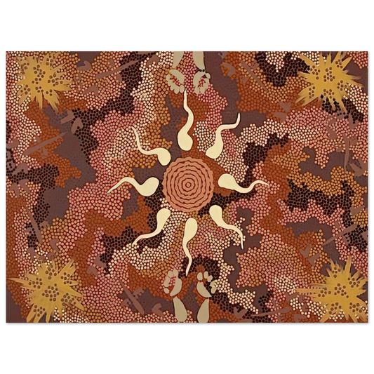 Clifford Possum Tjapaltjarri - Bush Tucker and Kangaroo Dreaming at Mount Denison - 1993  75x100 cm / 30x40inches Fine Art Poster