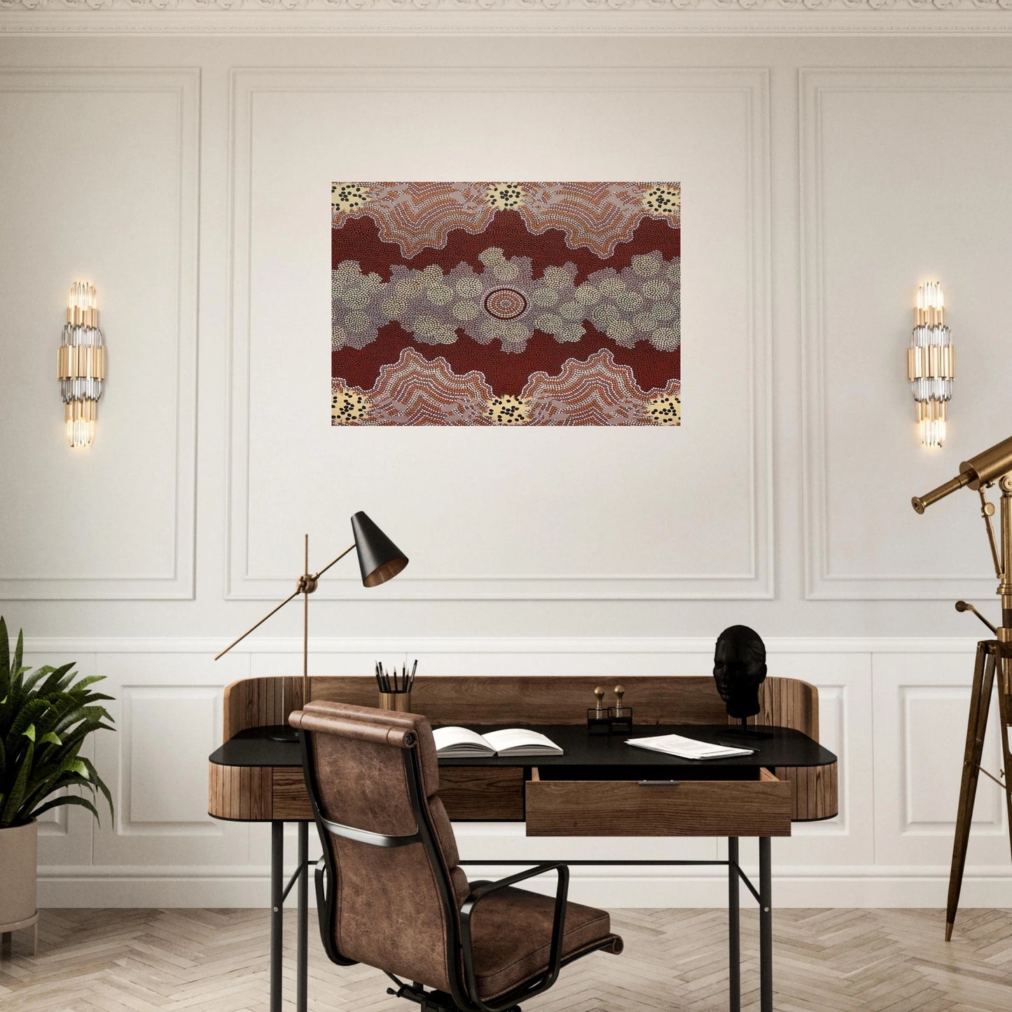 Malaka Honey Ant Dreaming - 1992 - Clifford Possum Tjapaltjarri Brushed Aluminum Print - 70x100 cm / 28x40 inches | Clifford Possum Tjapaltjarri Aluminum Print | Clifford Possum Tjapaltjarri Prints