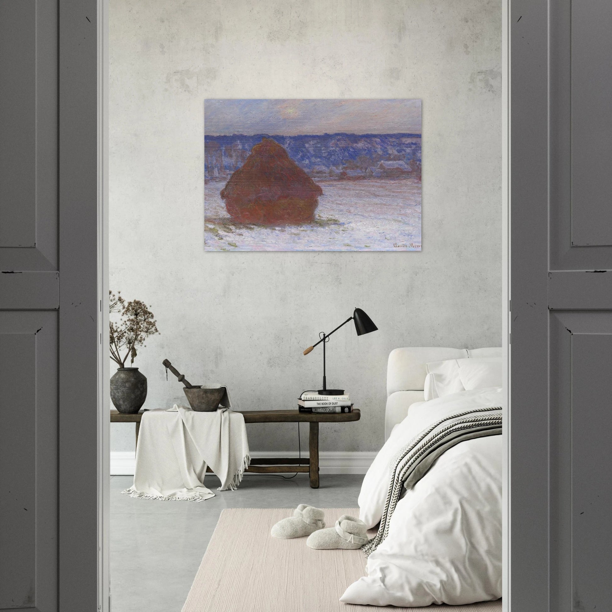 Stack of Wheat Snow Effect, Overcast Day - claude monet Brushed Aluminum Print - 70x100 cm / 28x40 inches | claude monet Aluminum Print | claude monet Prints