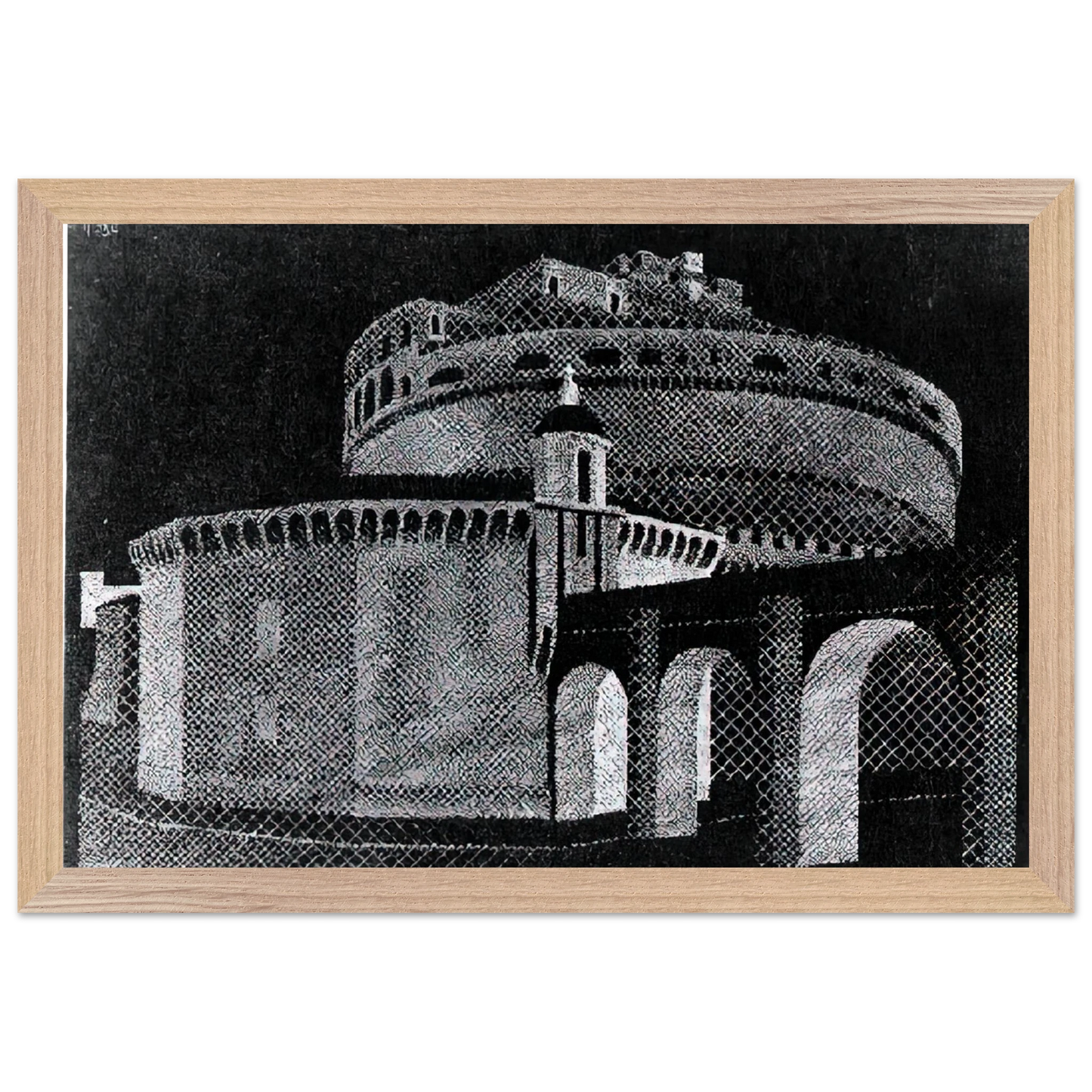 MC Escher - NOCTURNAL ROME CASTEL SANT ANGELO Wall Art - 21x29.7 cm / 8x12" - Premium Wooden Framed Poster With Fine Art Paper - White frame