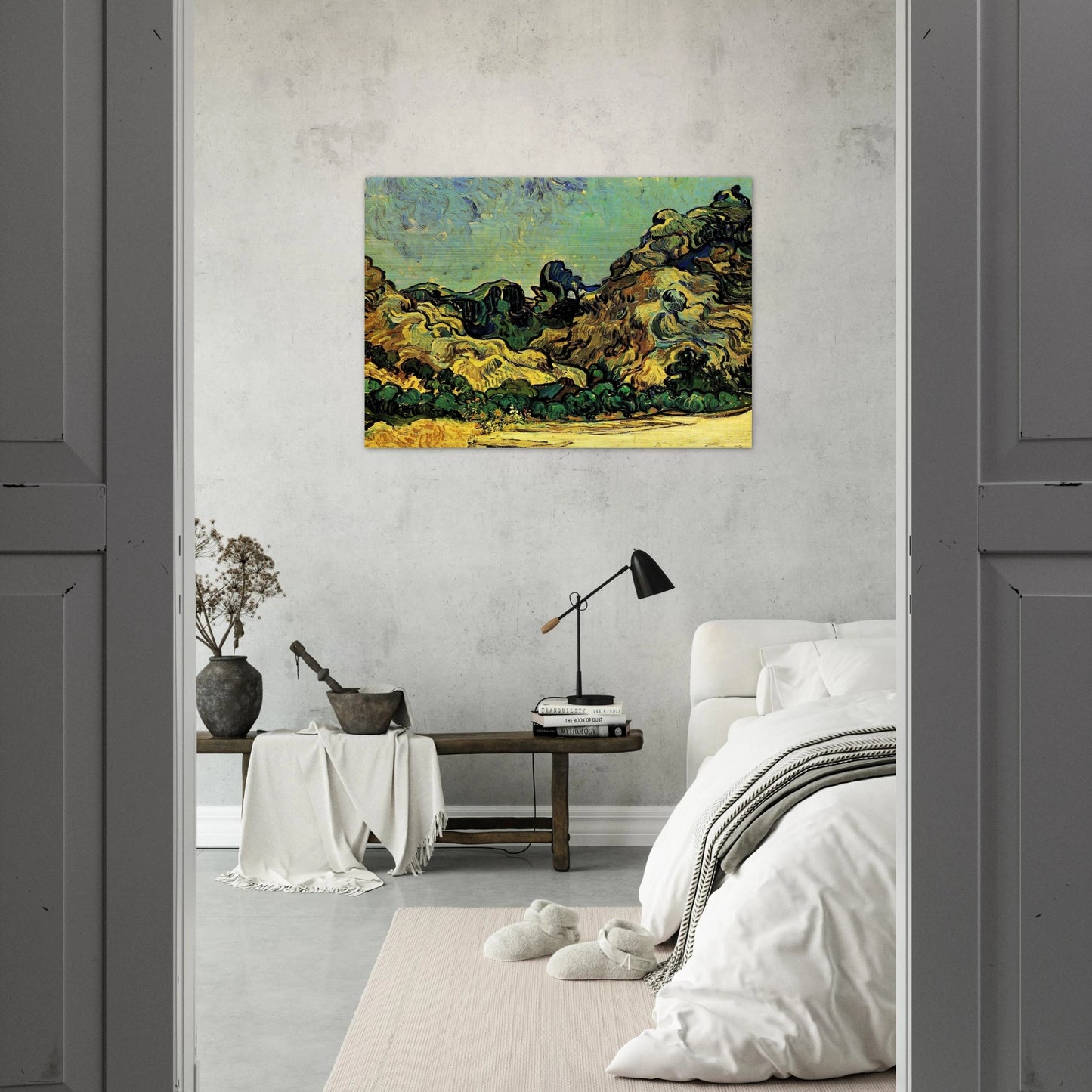 Mountains at Saint-Remy with Dark Cottage - Vincent van Gogh Brushed Aluminum Print - 70x100 cm / 28x40 inches | Vincent van Gogh Aluminum Print | Vincent van Gogh Prints