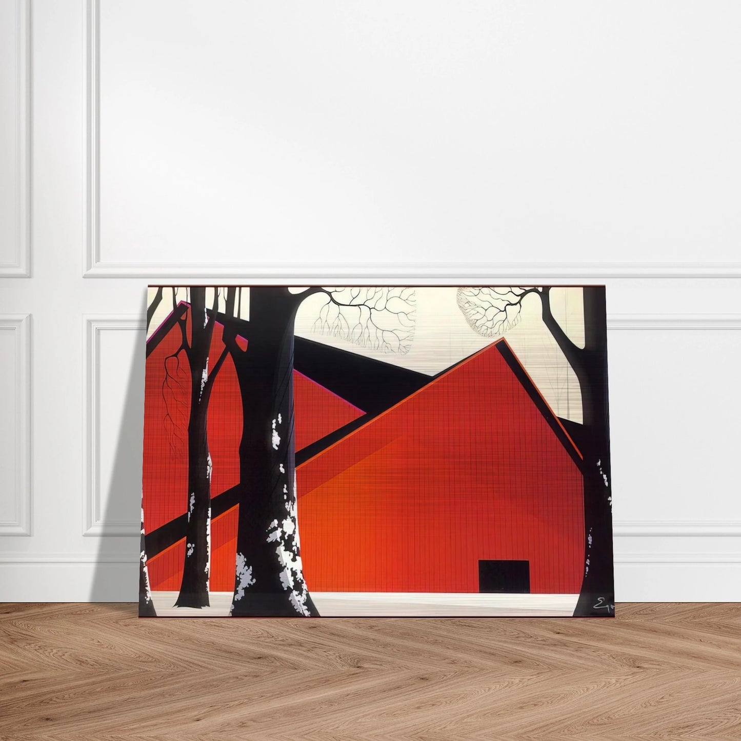 The Great Red Barn - Eyvind Earle Brushed Aluminum Print - 70x100 cm / 28x40 inches | Eyvind Earle Aluminum Print | Eyvind Earle Prints